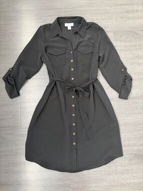 Maternity Classic Black Shirt Dress with Waist Tie